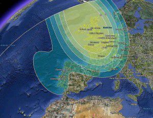 Astra 1N Satellite Signal Footprint Map - UK Spot Beam
