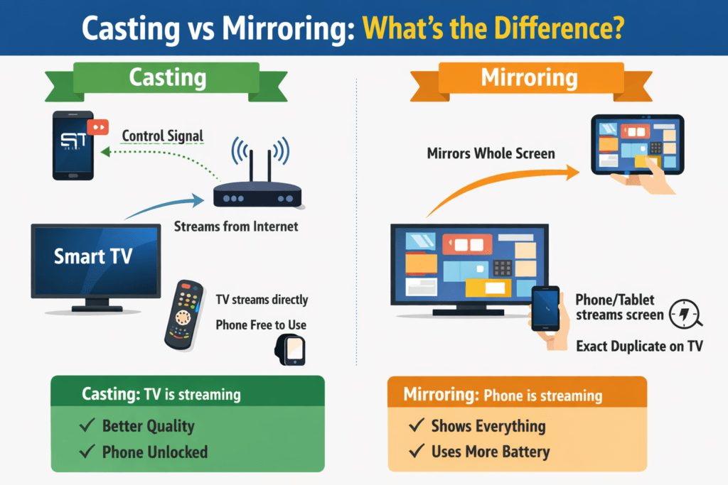 the difference between Casting and Screen Mirroring.